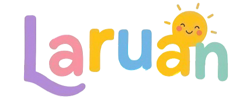 Logo da loja Laruan de brinquedos educativos. Escrita em letras coloridas com um sol feliz em cima.